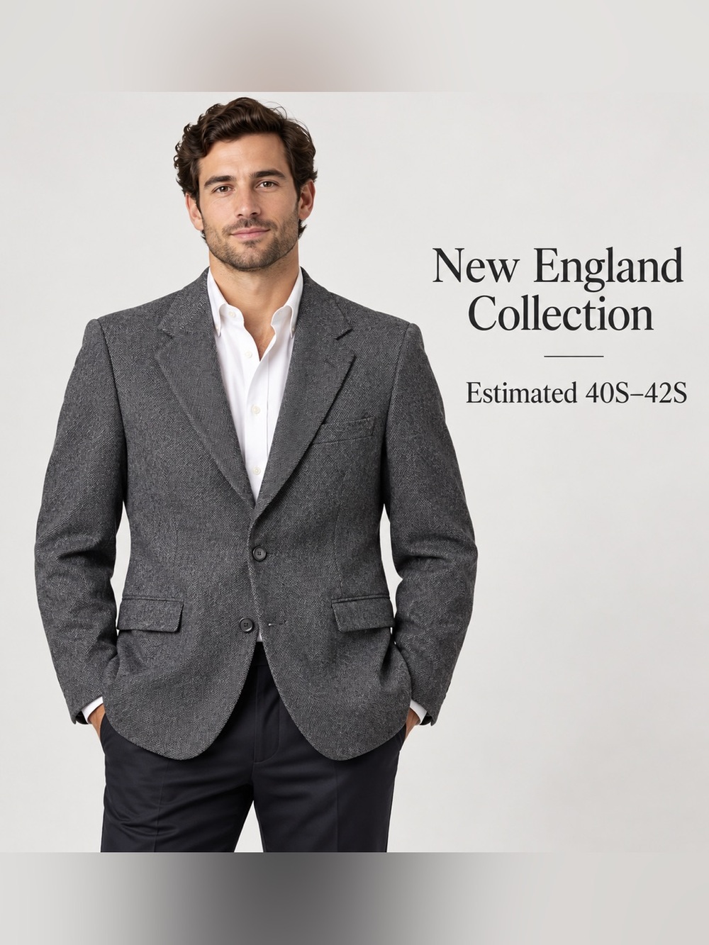New England Collection Men’s Gray Wool Herringbone Blazer Sport Coat Made in USA